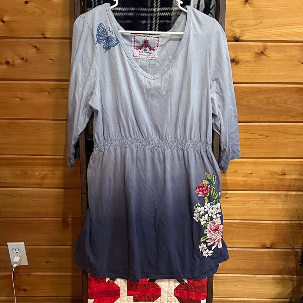 Johnny Was Blue and Gray Embroidered Dress